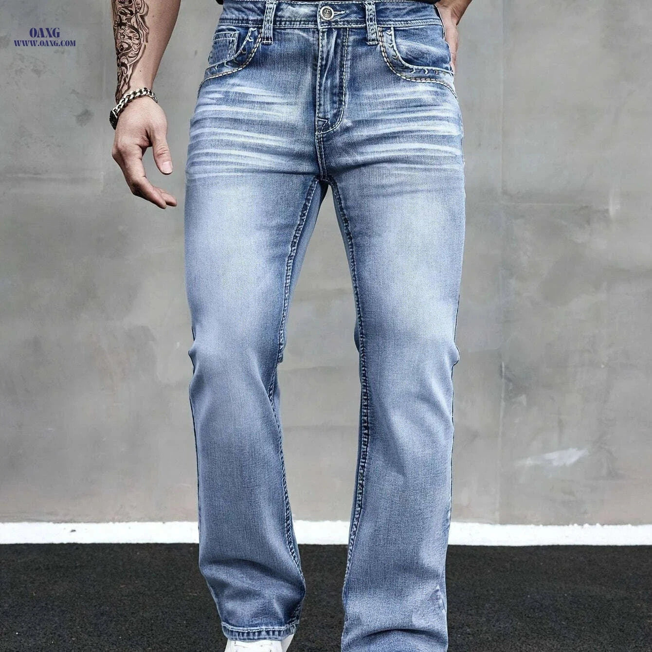 ESDVQ Men's Slim-Fit Flared Jeans - Comfortable Embroidered Denim   OAXG 