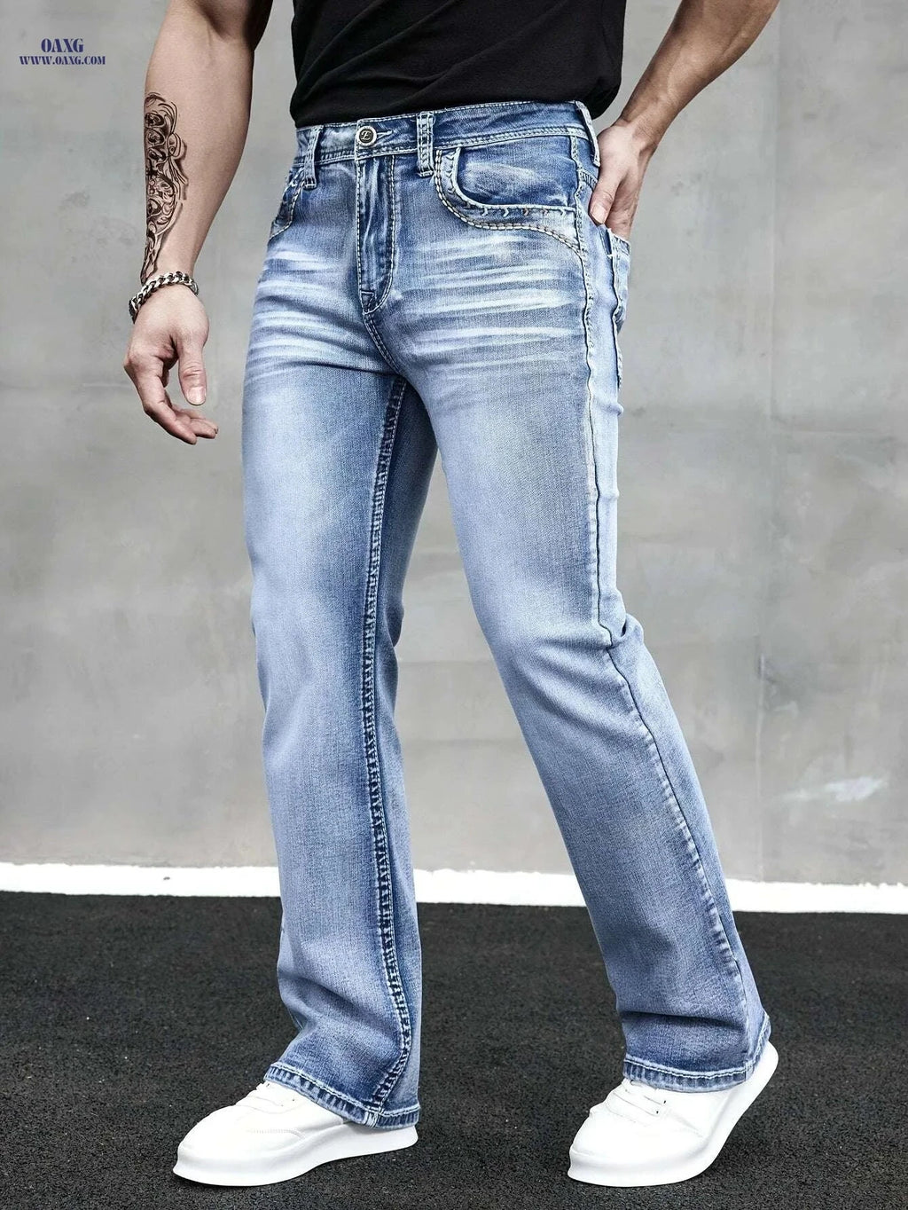 ESDVQ Men's Slim-Fit Flared Jeans - Comfortable Embroidered Denim   OAXG Light Blue / S