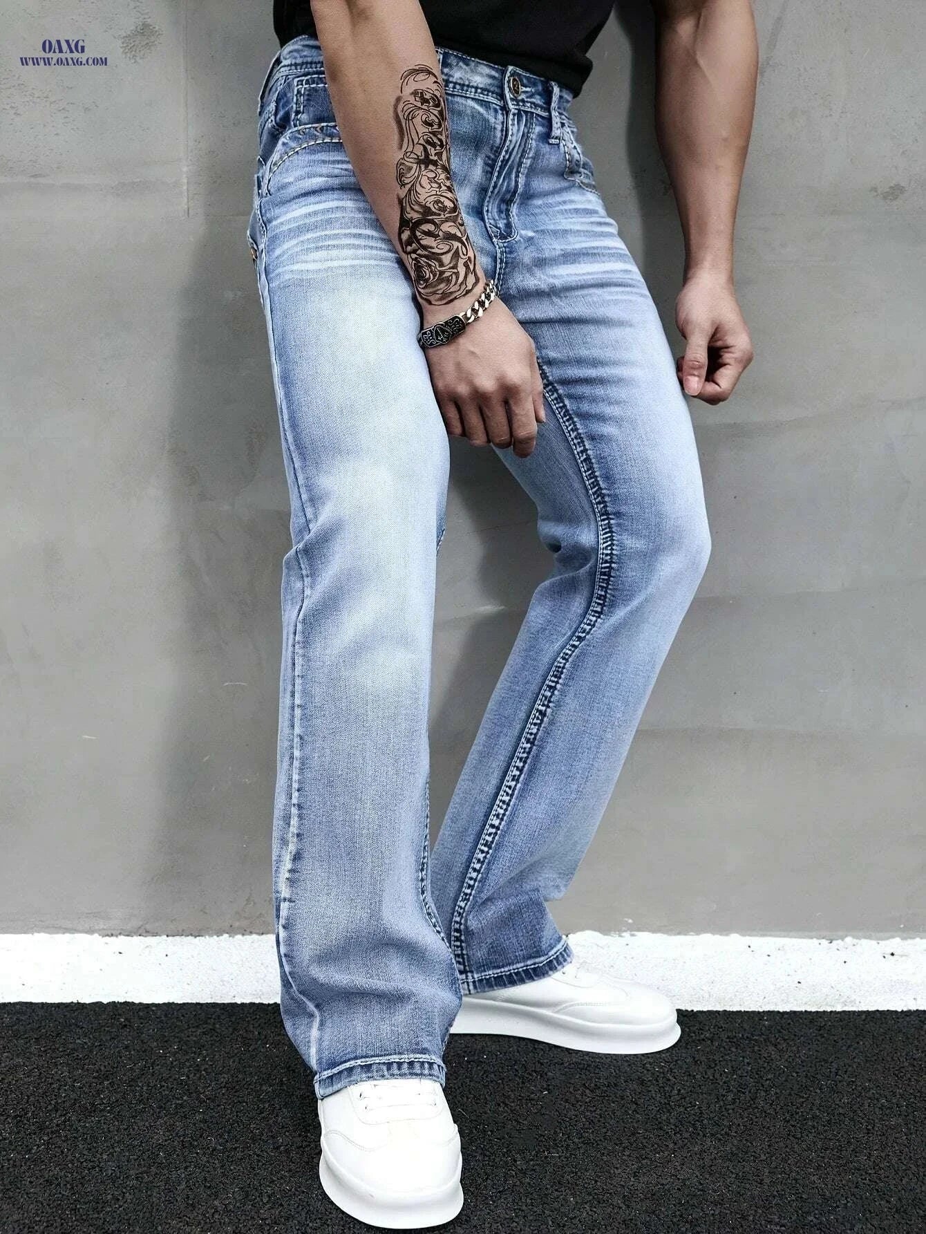 ESDVQ Men's Slim-Fit Flared Jeans - Comfortable Embroidered Denim   OAXG Light Blue / S