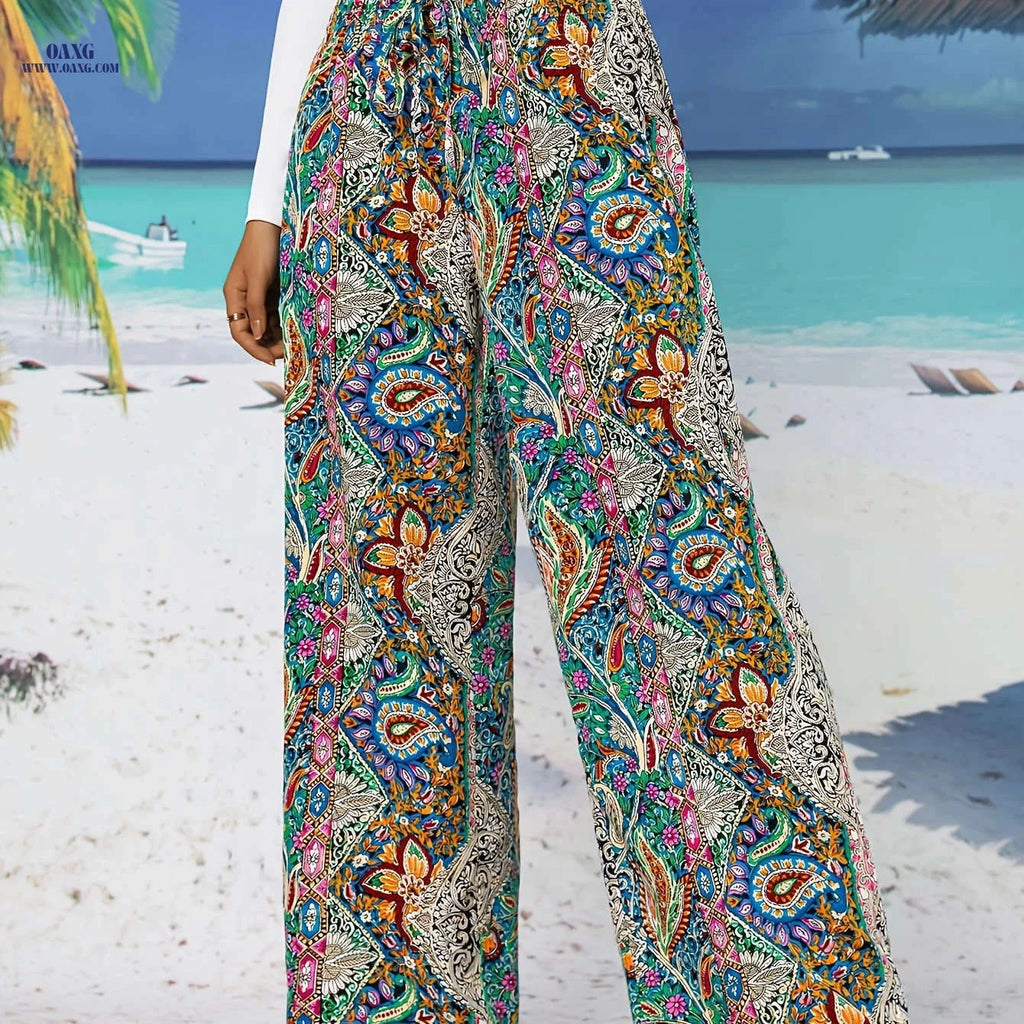 Ethnic Style Wide Leg Pants - Tribal Pattern, Elegant Design for Outings   OAXG Mixed Color / XS
