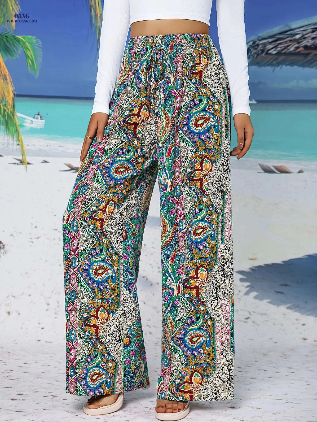 Ethnic Style Wide Leg Pants - Tribal Pattern, Elegant Design for Outings   OAXG Mixed Color / XS