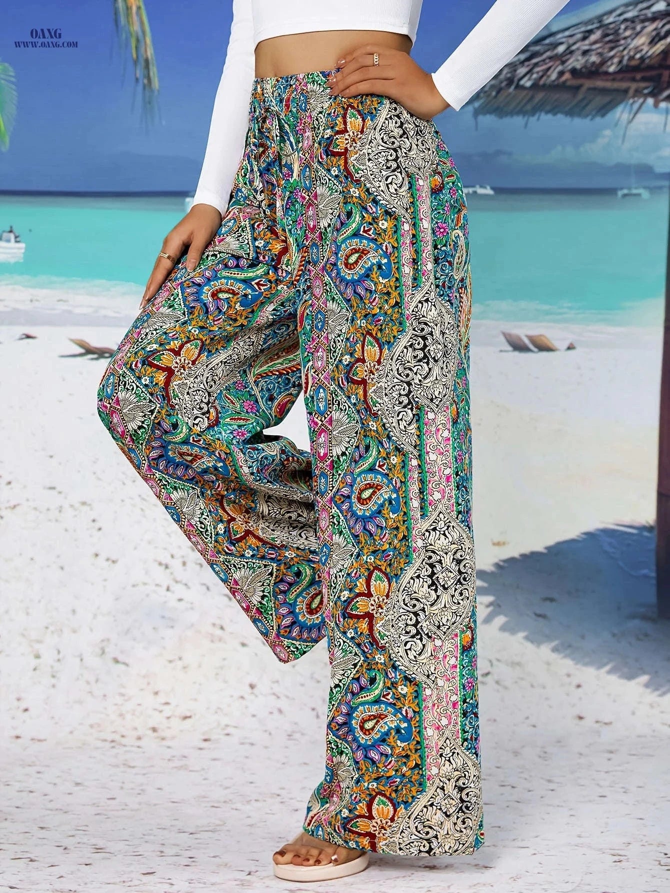 Ethnic Style Wide Leg Pants - Tribal Pattern, Elegant Design for Outings   OAXG Mixed Color / XS