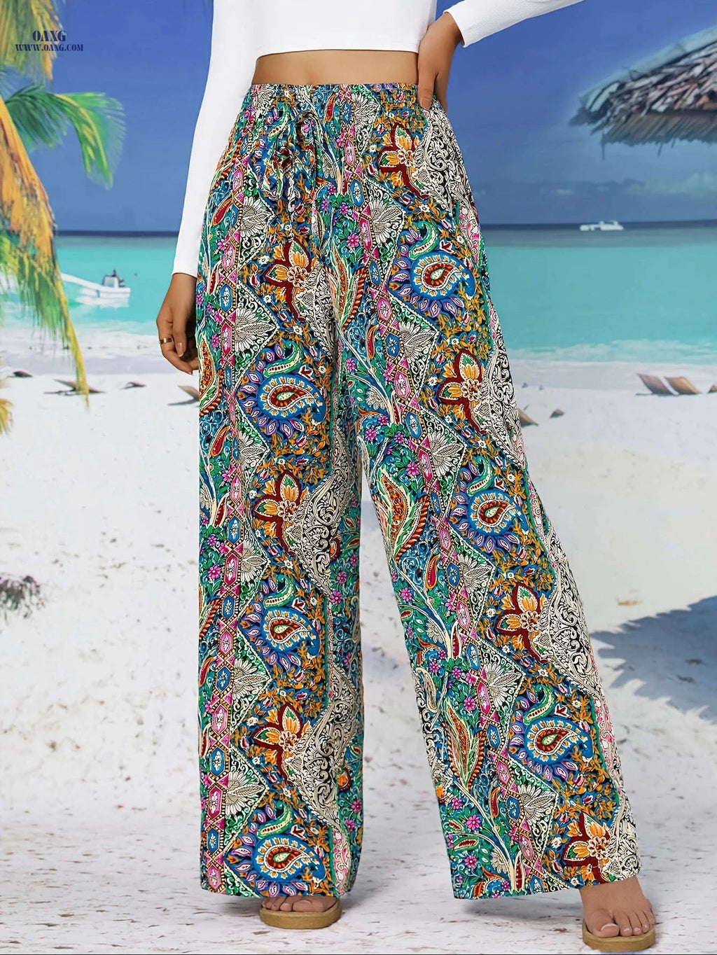 Ethnic Style Wide Leg Pants - Tribal Pattern, Elegant Design for Outings   OAXG Mixed Color / XS