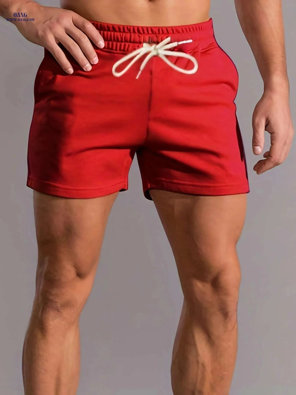 European American Men's Fashion Shorts - Solid Color, Regular Fit   OAXG 【Red】 / S