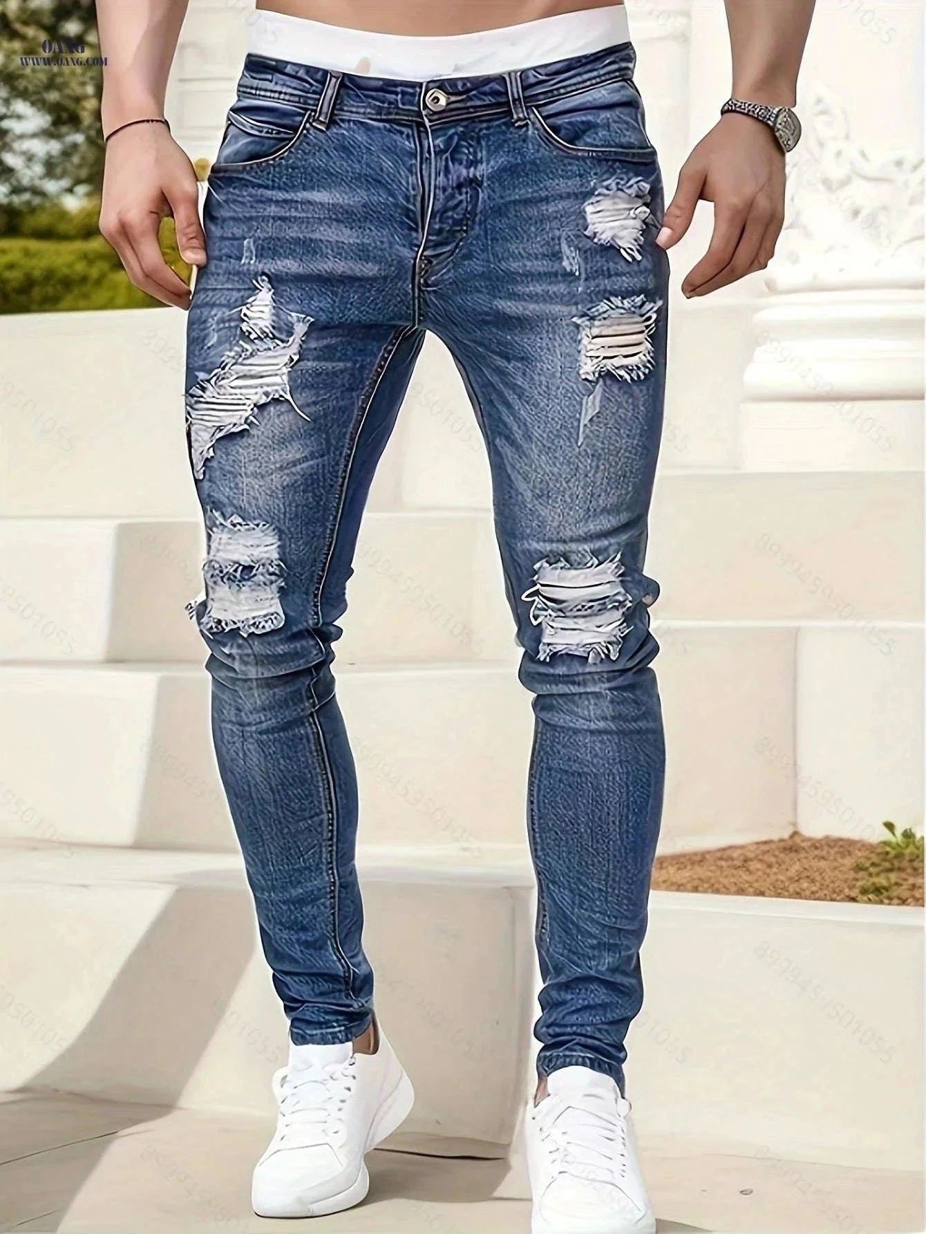 European American Stretch Ripped Skinny Jeans - Street Style for Adults   OAXG Light Blue / FR S