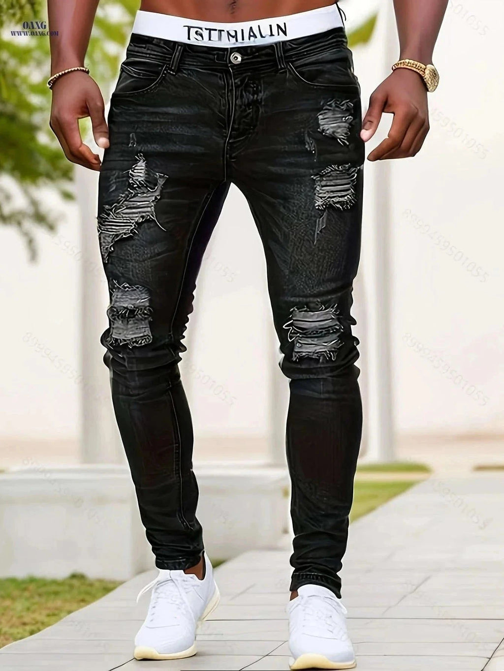 European American Stretch Ripped Skinny Jeans - Street Style for Adults   OAXG Light Blue / FR S
