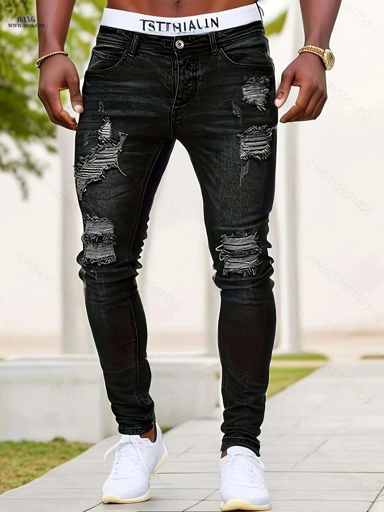 European American Stretch Ripped Skinny Jeans - Street Style for Adults   OAXG Light Blue / FR S