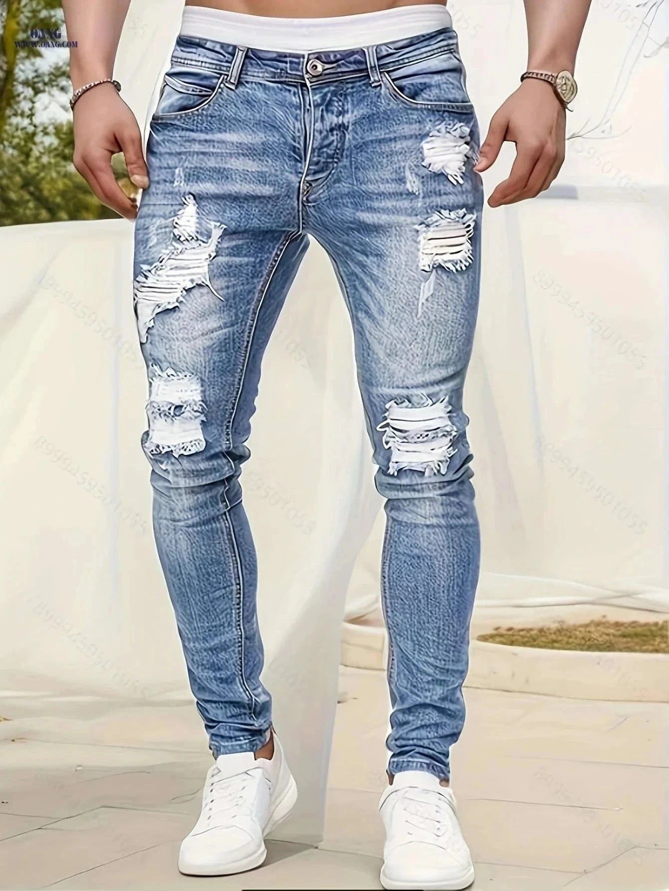 European American Stretch Ripped Skinny Jeans - Street Style for Adults   OAXG Light Blue / FR S