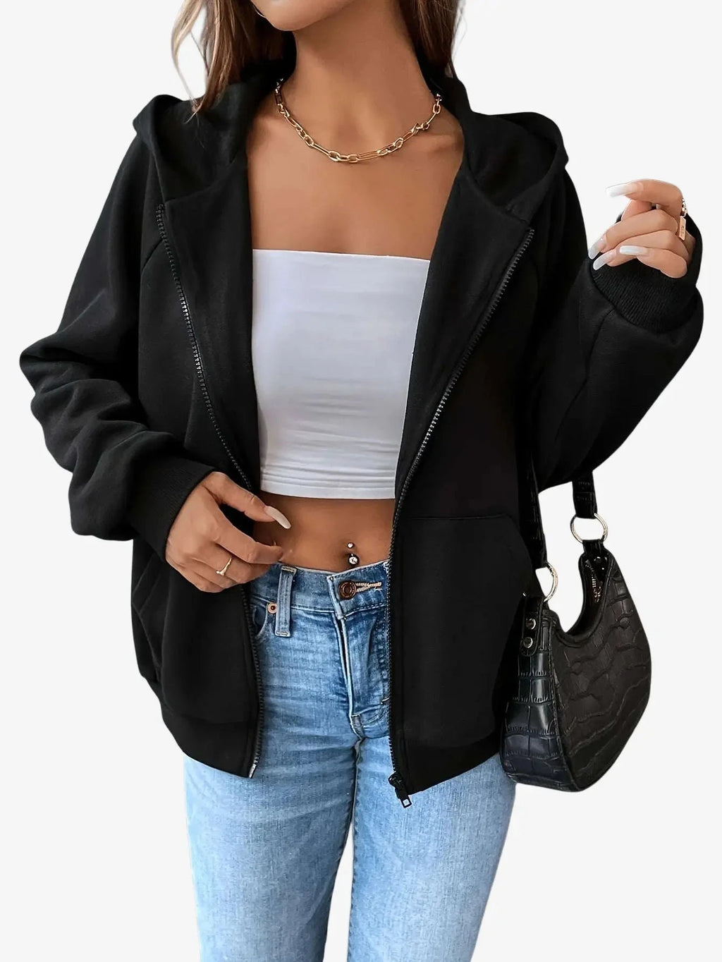 European & American Style Hooded Zip-Up Jacket for Fall/Winter   OAXG Black / S