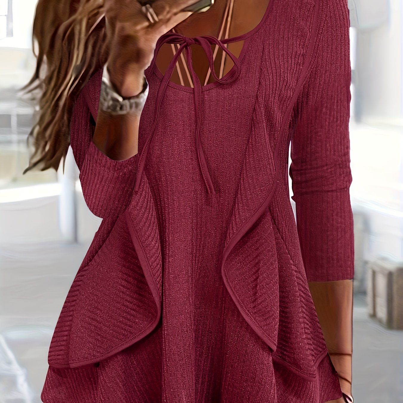 European and American Women's Small V-Neck Tie-Up Ruffle Long Sleeve Casual T-Shirt for Spring and Autumn   OAXG Blue / S