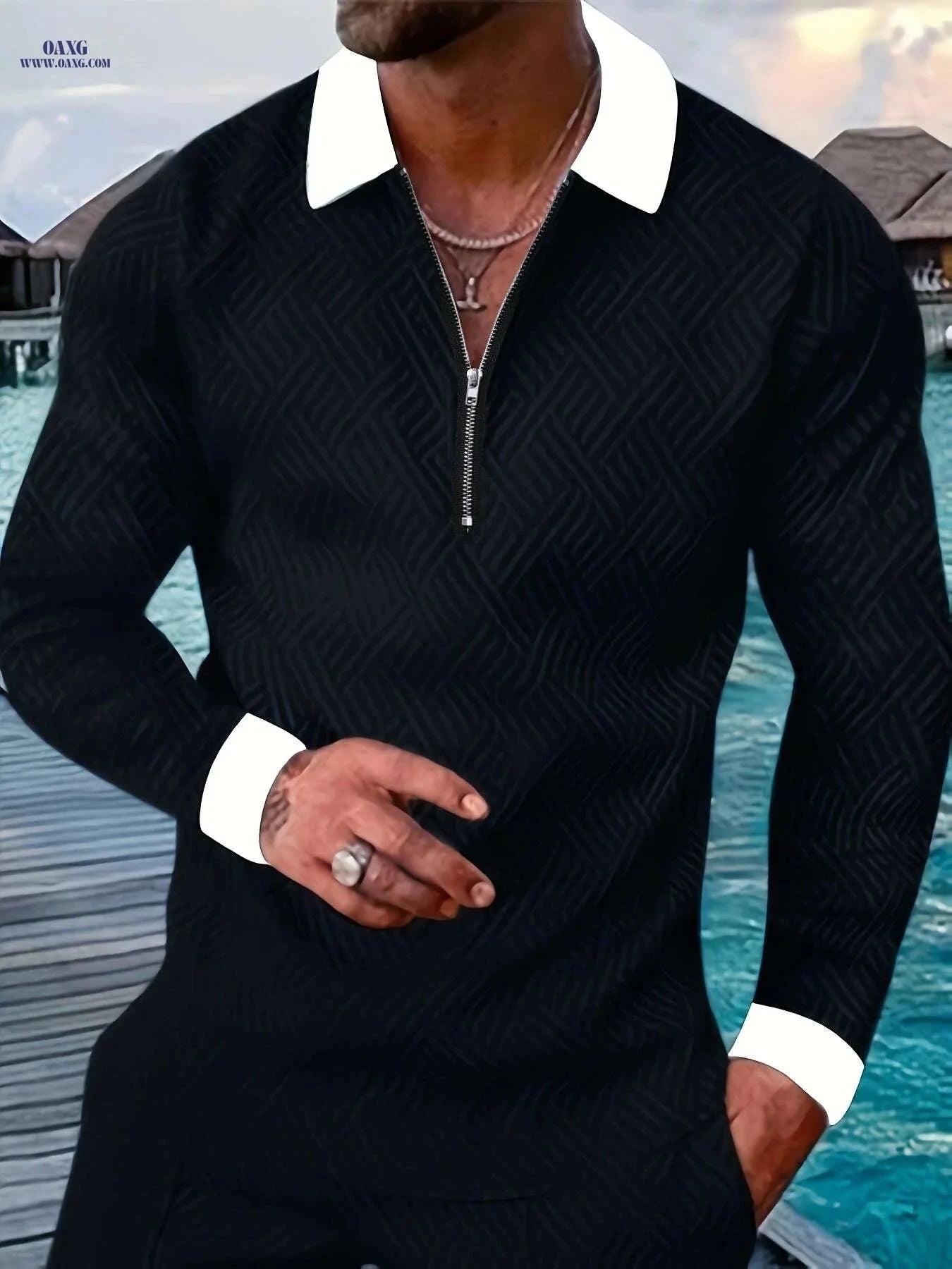 European Men's Long Sleeve Shirt - Classic Black & White Design   OAXG Black / M