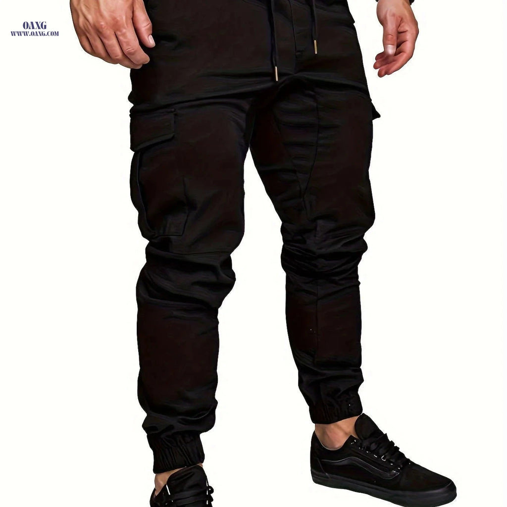 European Size Men's Casual Cargo Pants - Drawstring Trousers, All-Season   OAXG Black / FR S