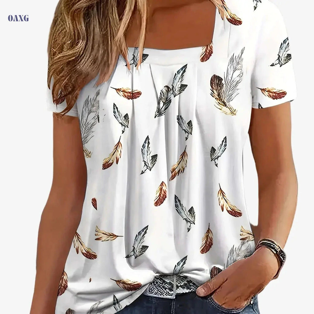 European Style Ruffle Hem Flowy T-shirt - Short Sleeve & Square Neck   OAXG 