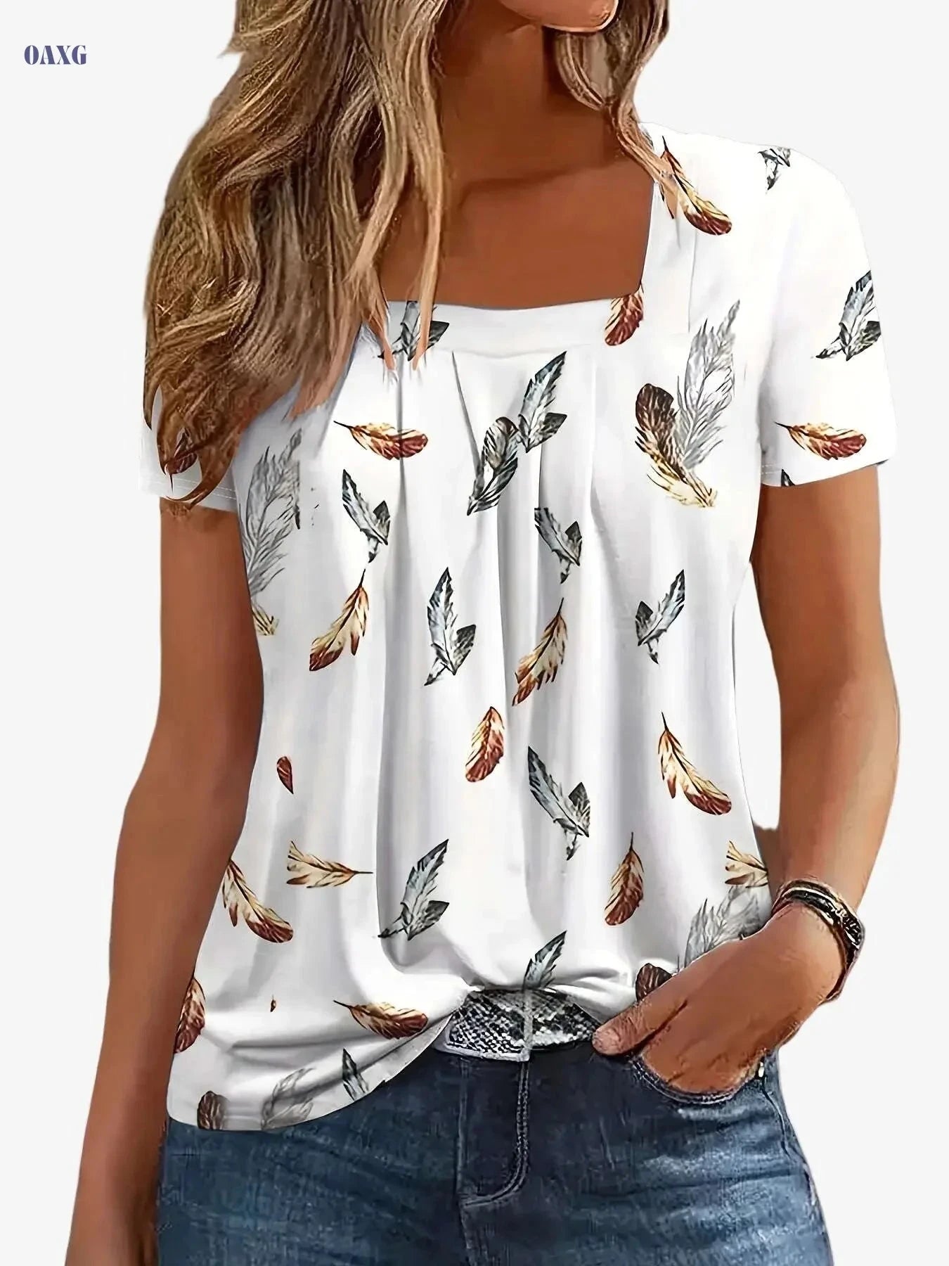 European Style Ruffle Hem Flowy T-shirt - Short Sleeve & Square Neck   OAXG White / S