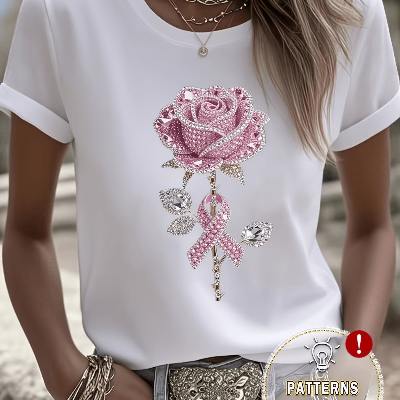 Exquisite Light Luxury Style Crystal Rose Print White T-Shirt for Women, Loose Fit Casual Short Sleeve, Essential for Summer Daily Wear,, Figure-Flattering, Versatile Basic Style--Quan Quan   OAXG White / S