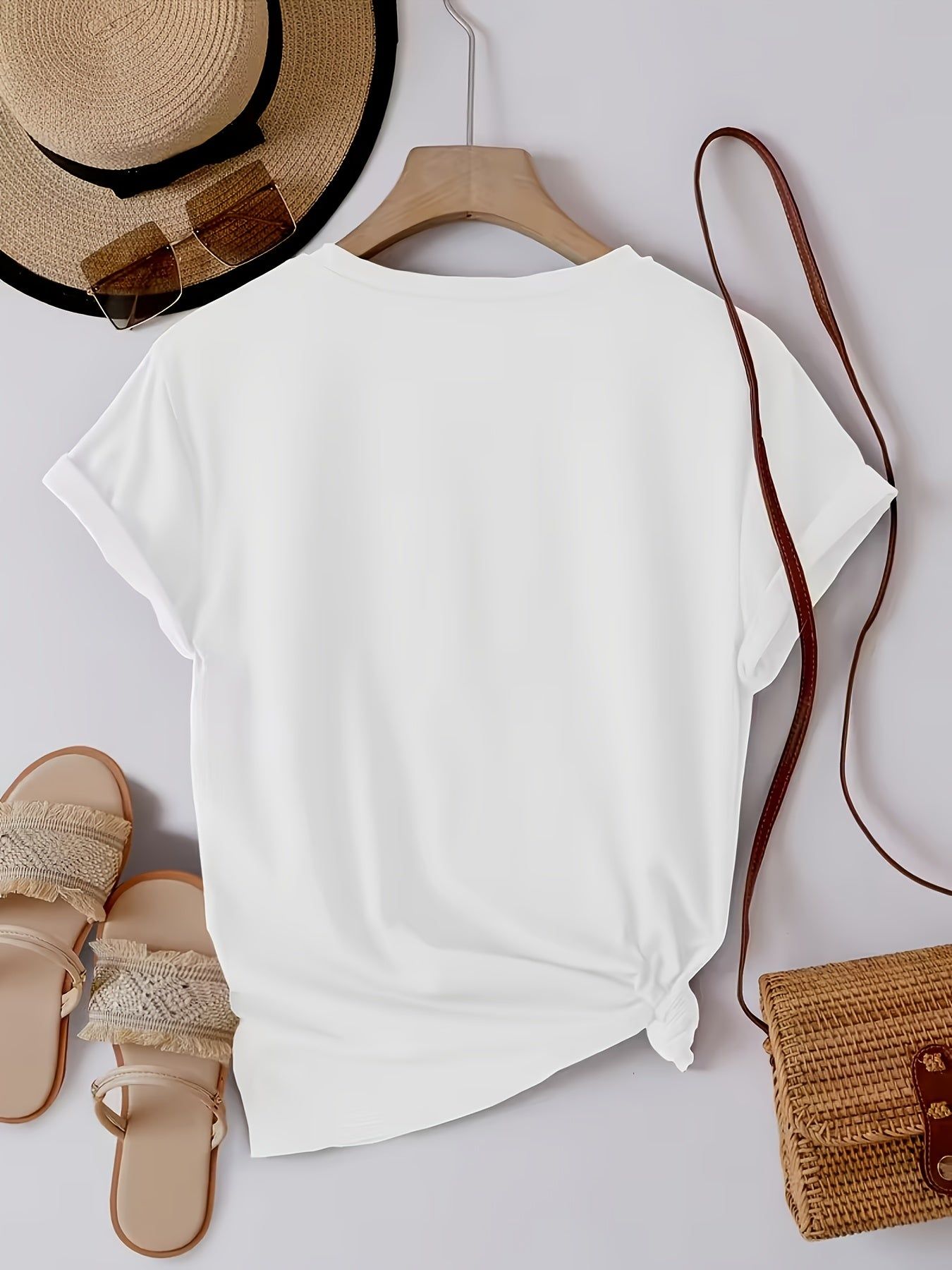 Exquisite Light Luxury Style Crystal Rose Print White T-Shirt for Women, Loose Fit Casual Short Sleeve, Essential for Summer Daily Wear,, Figure-Flattering, Versatile Basic Style--Quan Quan   OAXG White / S