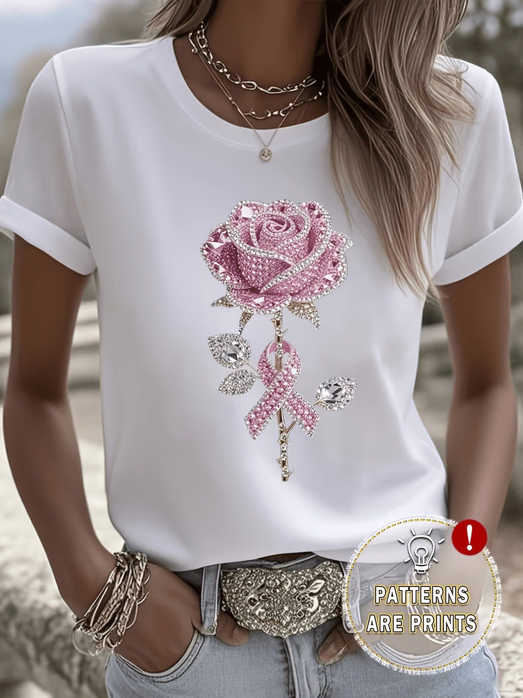 Exquisite Light Luxury Style Crystal Rose Print White T-Shirt for Women, Loose Fit Casual Short Sleeve, Essential for Summer Daily Wear,, Figure-Flattering, Versatile Basic Style--Quan Quan   OAXG White / S