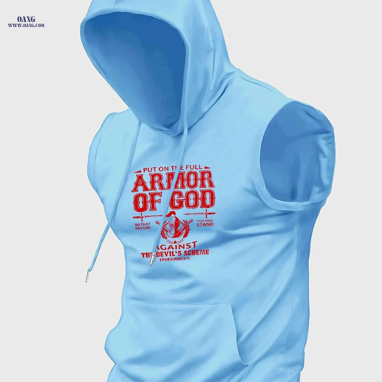 Faith Sleeveless Hooded T-Shirt - Armor of God Print for Men   OAXG Light Blue / S