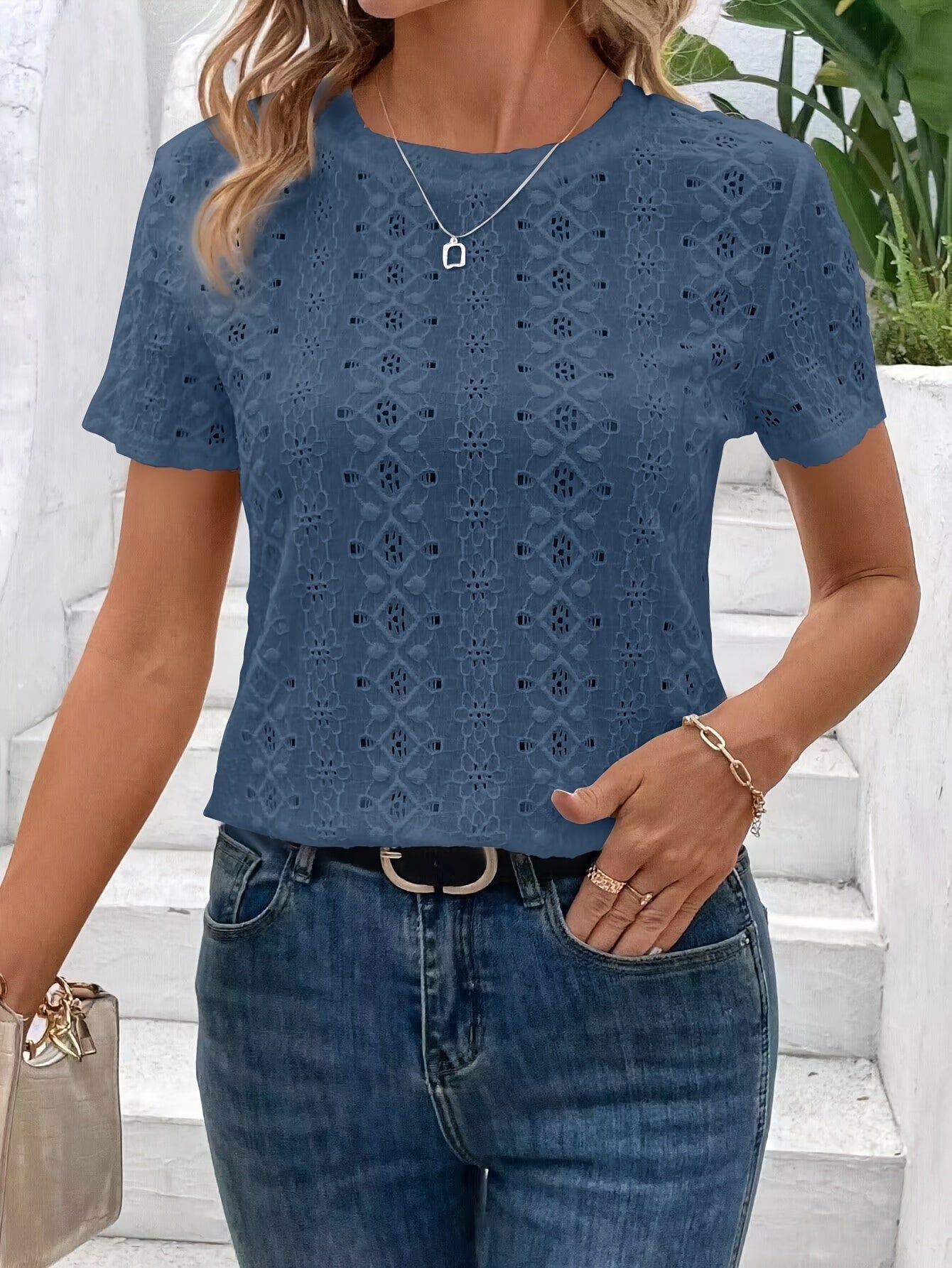 Fashion Casual Round Neck T-Shirt   OAXG White / S