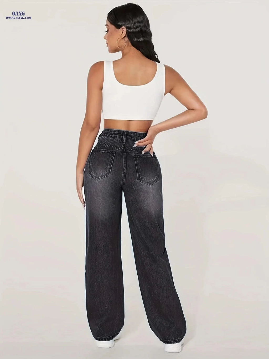 Fashion DK8123 Wide Leg Pants - Casual Denim, Low Waist, Stretch   OAXG Black / XS