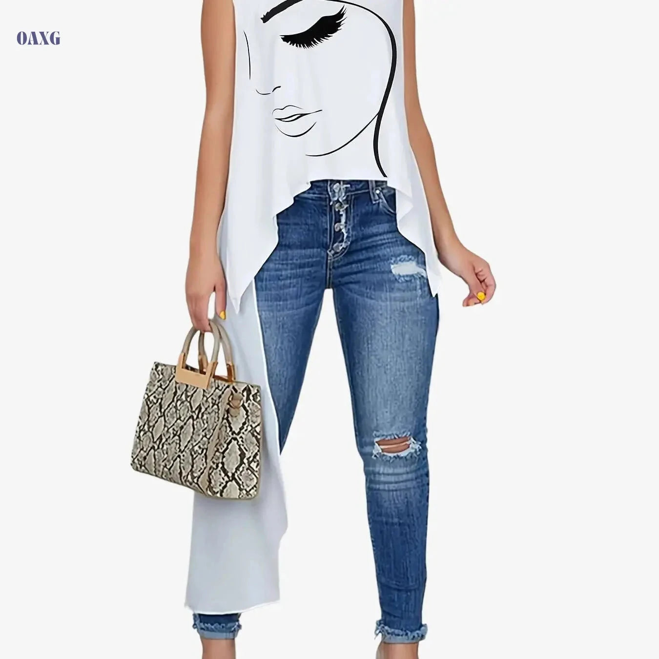 Fashion Face Print Long T-Shirt - Women's Asymmetrical Casual Top   OAXG 