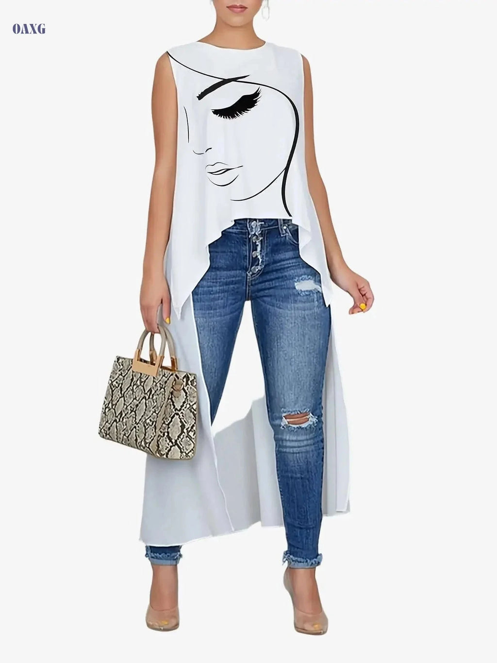 Fashion Face Print Long T-Shirt - Women's Asymmetrical Casual Top   OAXG Milky / XS