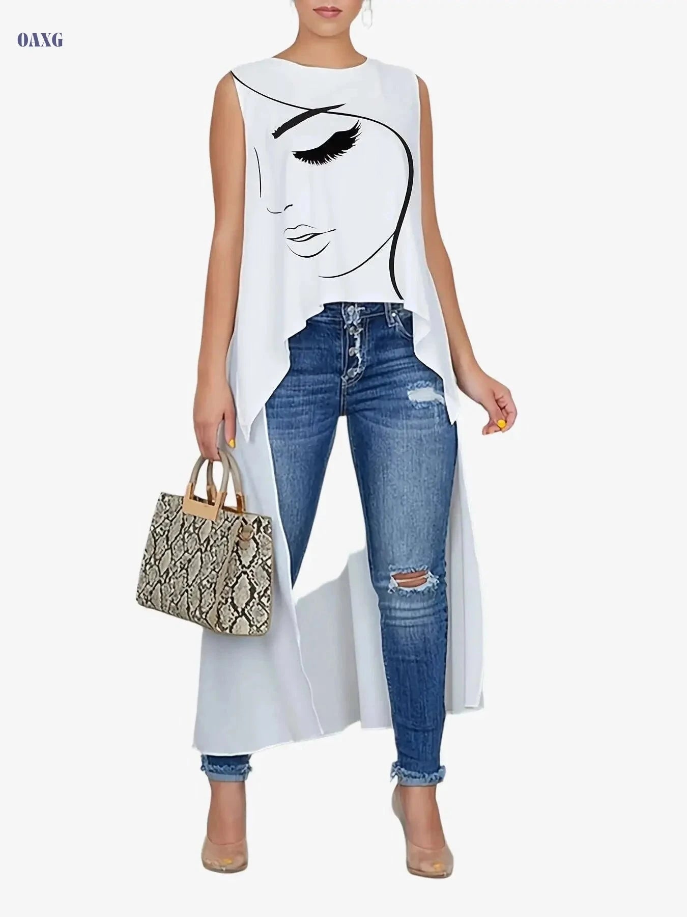 Fashion Face Print Long T-Shirt - Women's Asymmetrical Casual Top   OAXG Milky / XS