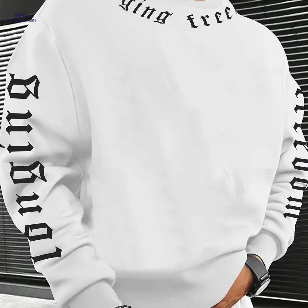 Fashion Printed Crew Neck Hoodie - Casual Stretch Polyester for Men   OAXG 