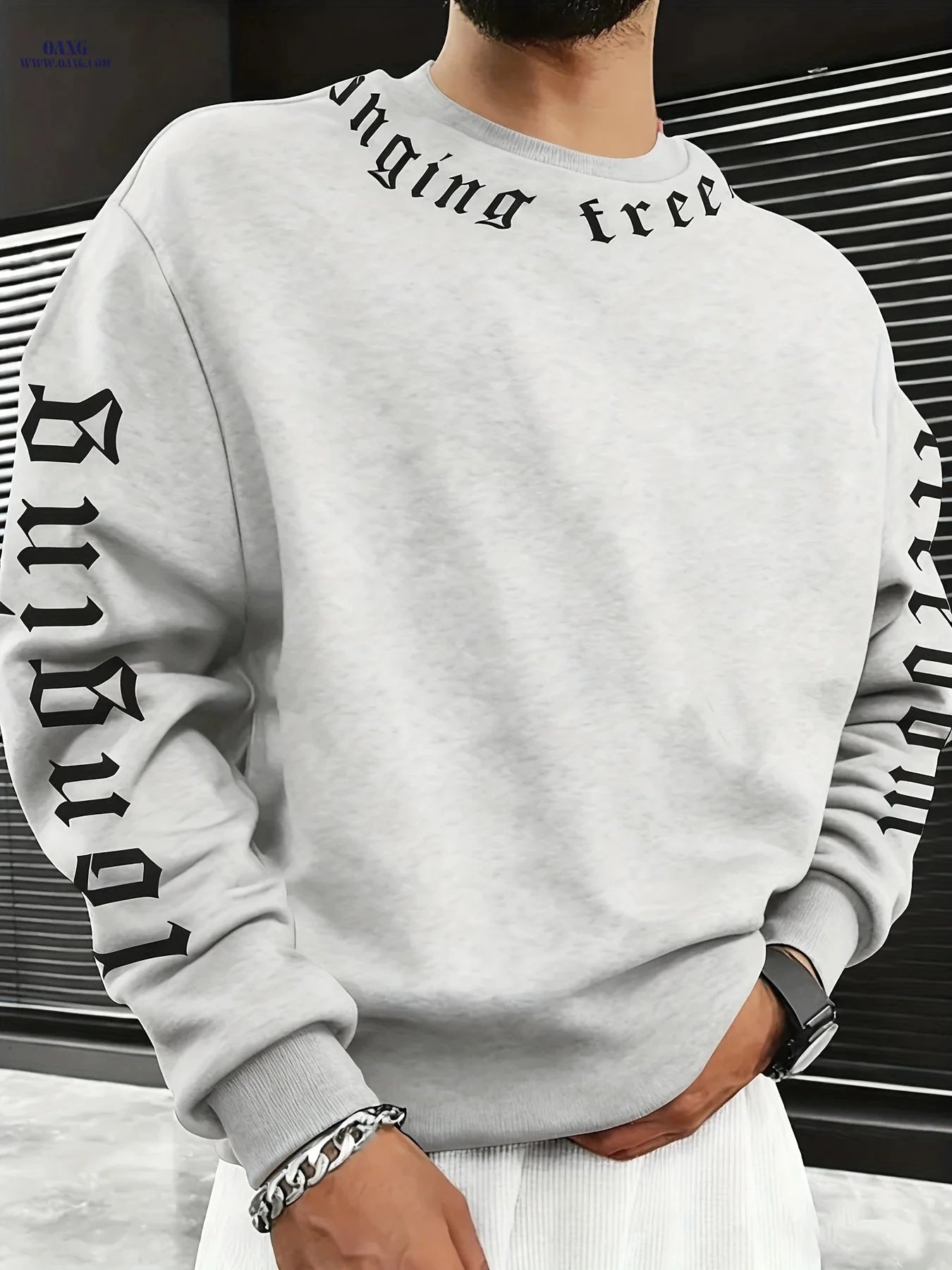 Fashion Printed Crew Neck Hoodie - Casual Stretch Polyester for Men   OAXG White / FR S
