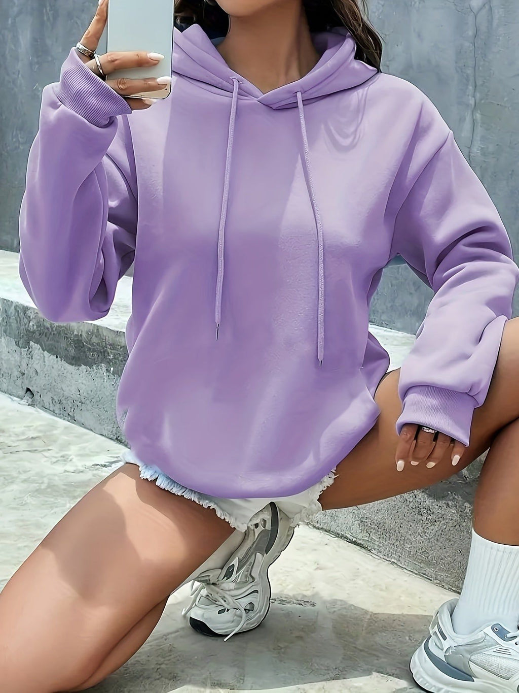 Fashion Solid Color Versatile -Lined Hooded Casual Sport Sweatshirt for Women, Autumn/Winter Style   OAXG Violet / S
