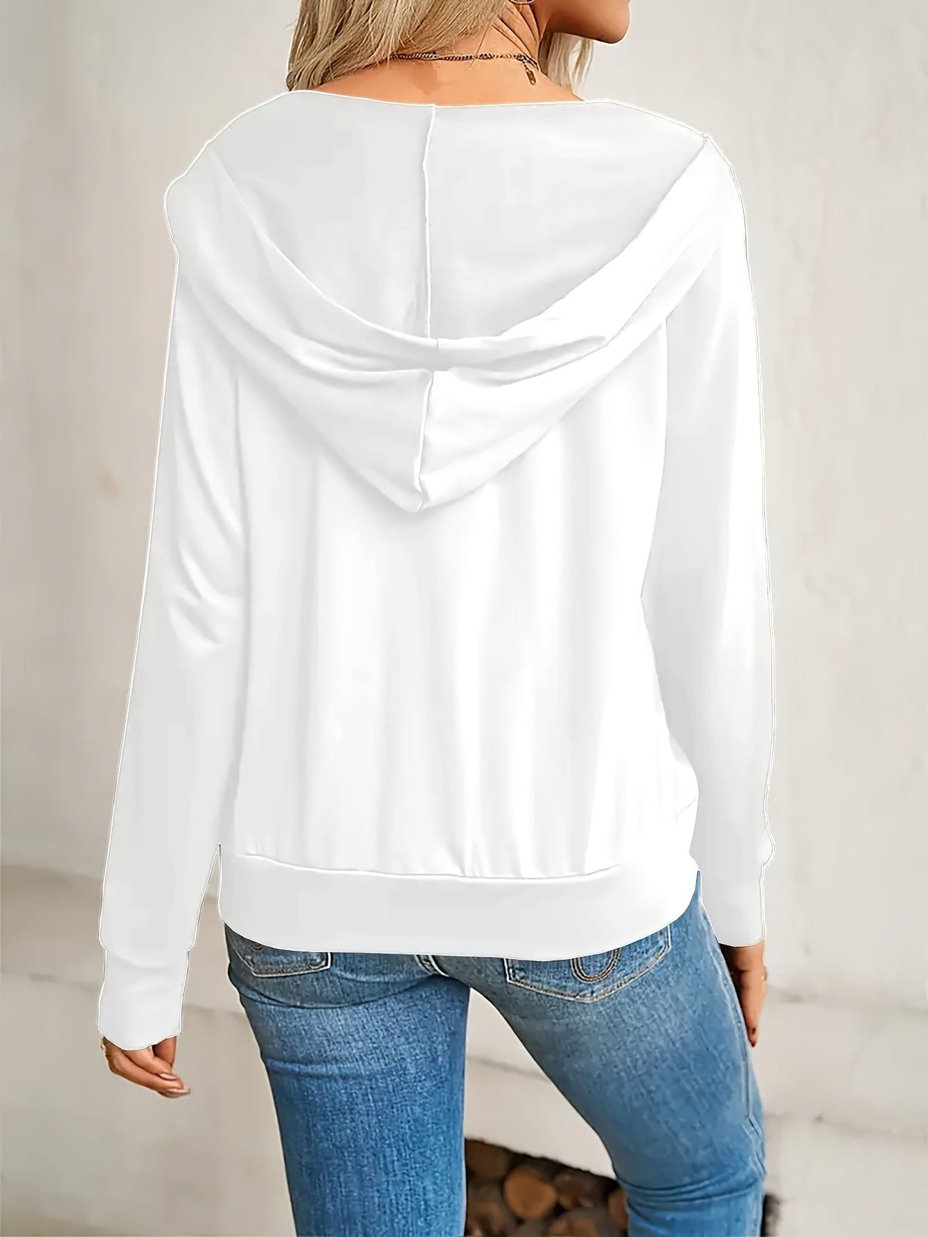 Fashion Women's Hooded Zip-Up Sweatshirt - Solid Color, Long Sleeve, Casual Sportswear with Adjustable Drawstring and Smooth Zipper Closure - Comfortable and Trendy   OAXG White / S