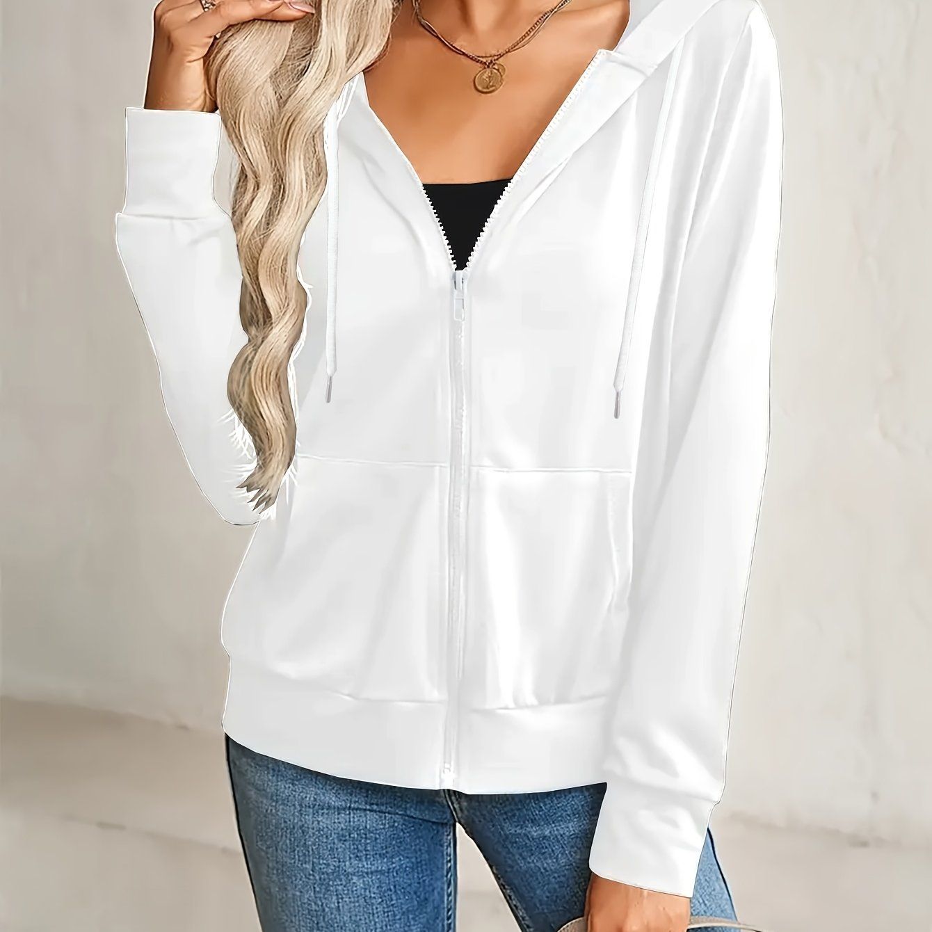 Fashion Women's Hooded Zip-Up Sweatshirt - Solid Color, Long Sleeve, Casual Sportswear with Adjustable Drawstring and Smooth Zipper Closure - Comfortable and Trendy   OAXG White / S