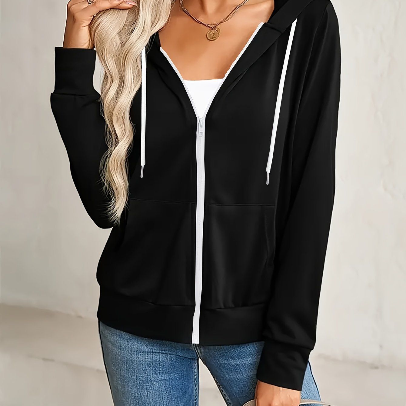 Fashion Women's Hooded Zip-Up Sweatshirt - Solid Color, Long Sleeve, Casual Sportswear with Adjustable Drawstring and Smooth Zipper Closure - Comfortable and Trendy   OAXG White / S