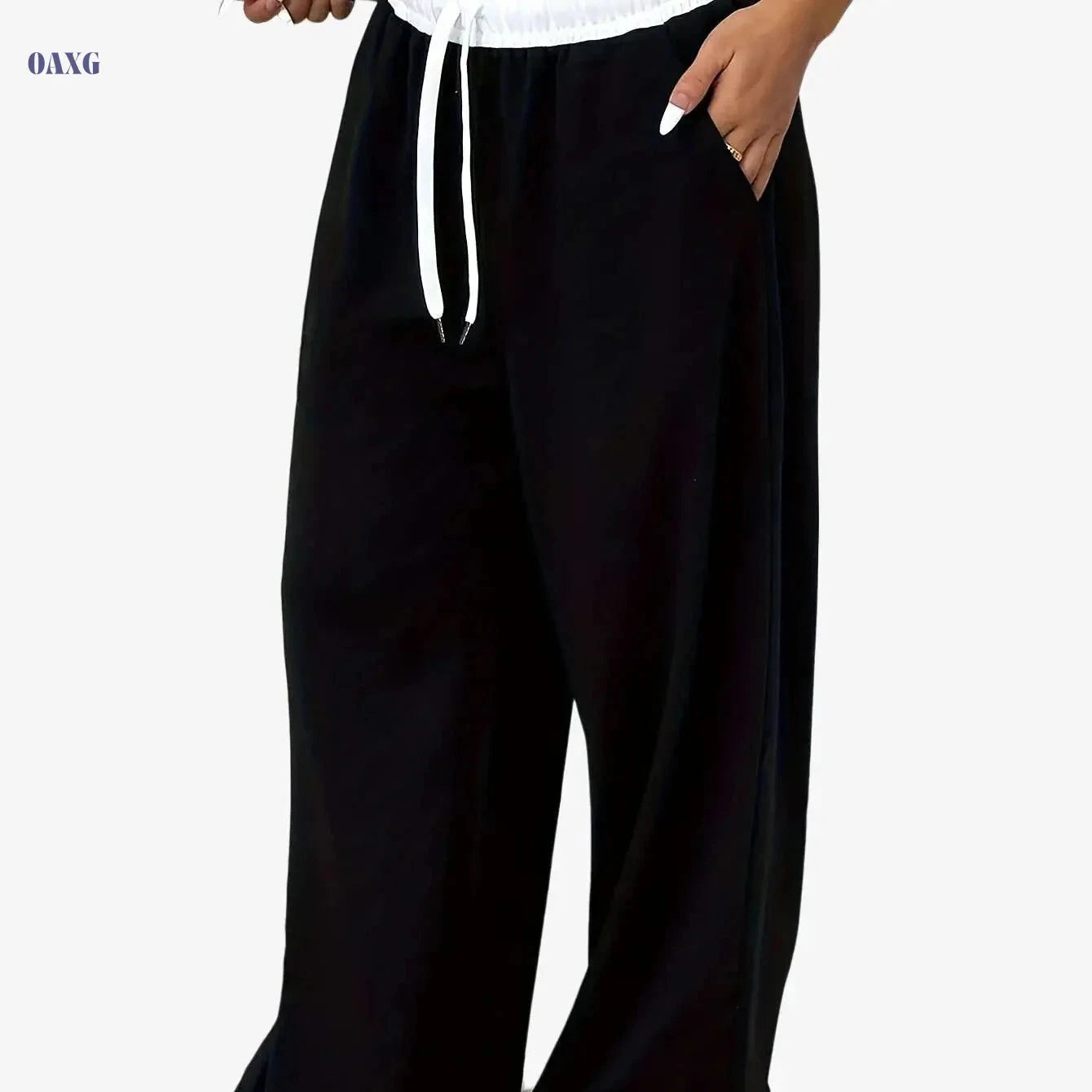 Fashionable Casual Wide-Leg Pants - Color Block and Drawstring Waist   OAXG 