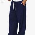 Fashionable Casual Wide-Leg Pants - Color Block and Drawstring Waist   OAXG Navy Blue / XS