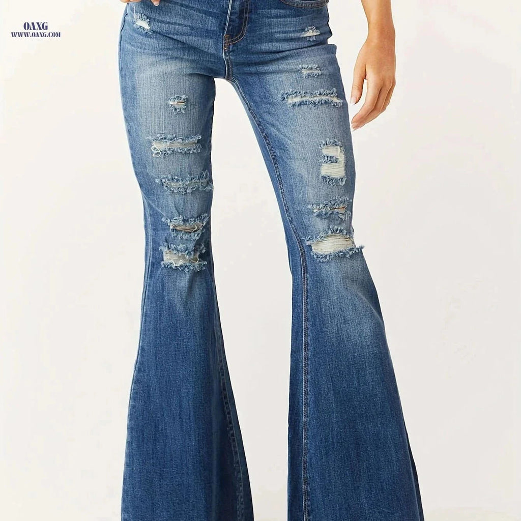 Fashionable Distressed Flare Jeans for Women - High Stretch Vintage Style   OAXG Blue / S