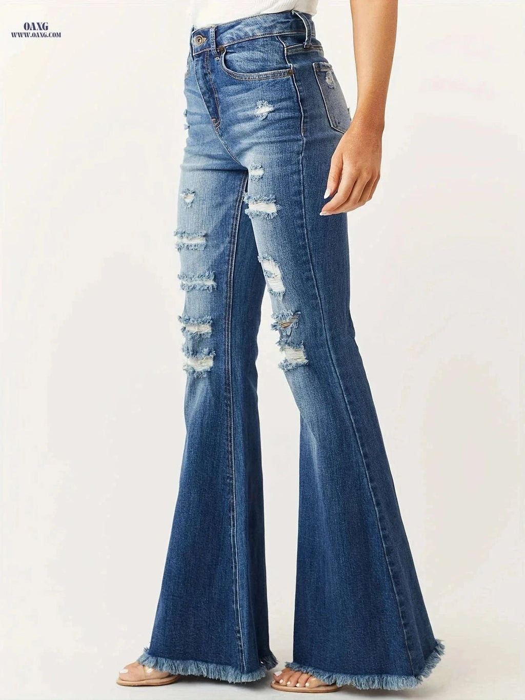 Fashionable Distressed Flare Jeans for Women - High Stretch Vintage Style   OAXG Blue / S