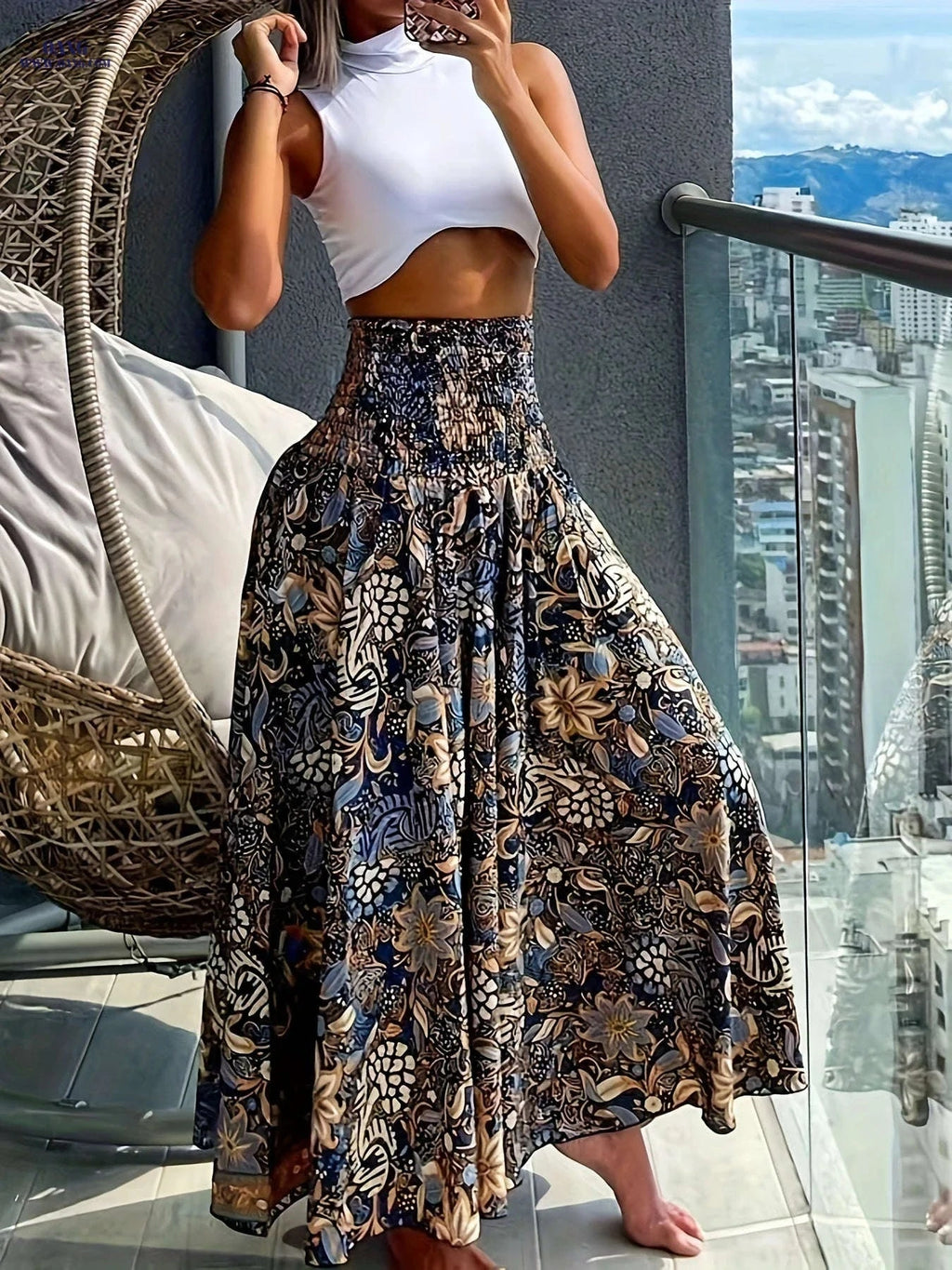 Fashionable High-Waist Wide-Leg Pants - Casual Printed Design   OAXG Navy Color / S