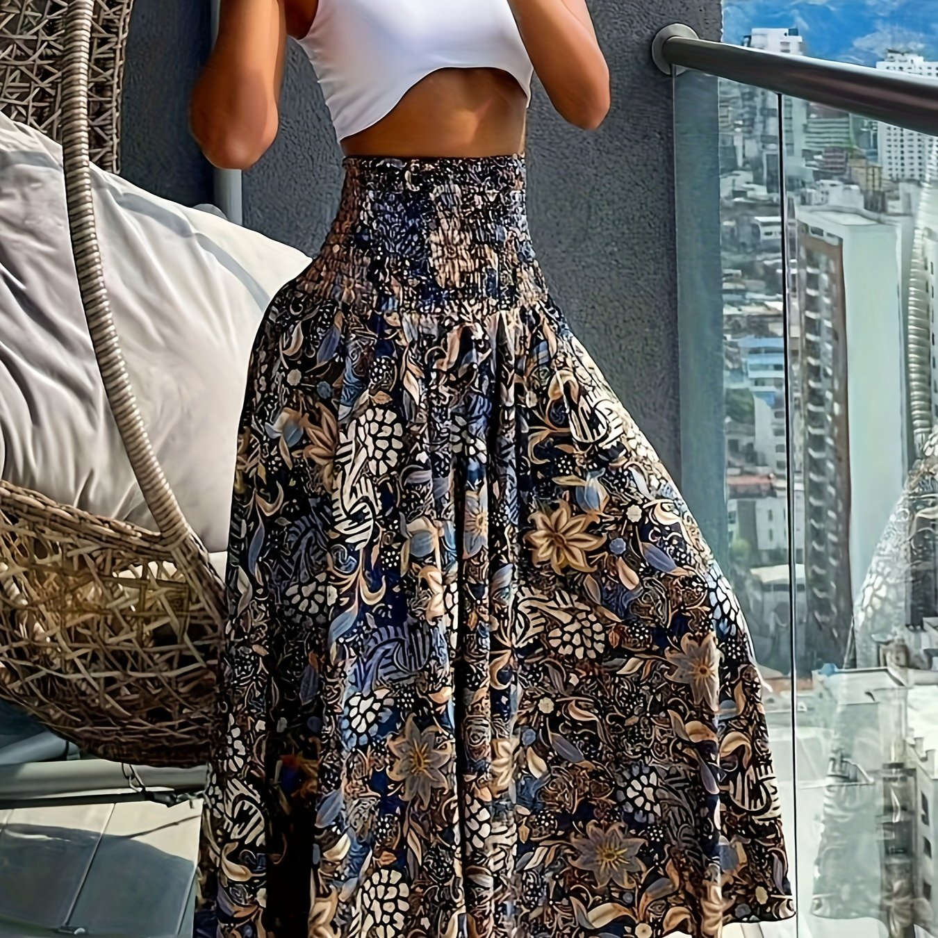 Fashionable High-Waist Wide-Leg Pants - Casual Printed Design   OAXG Navy Color / S