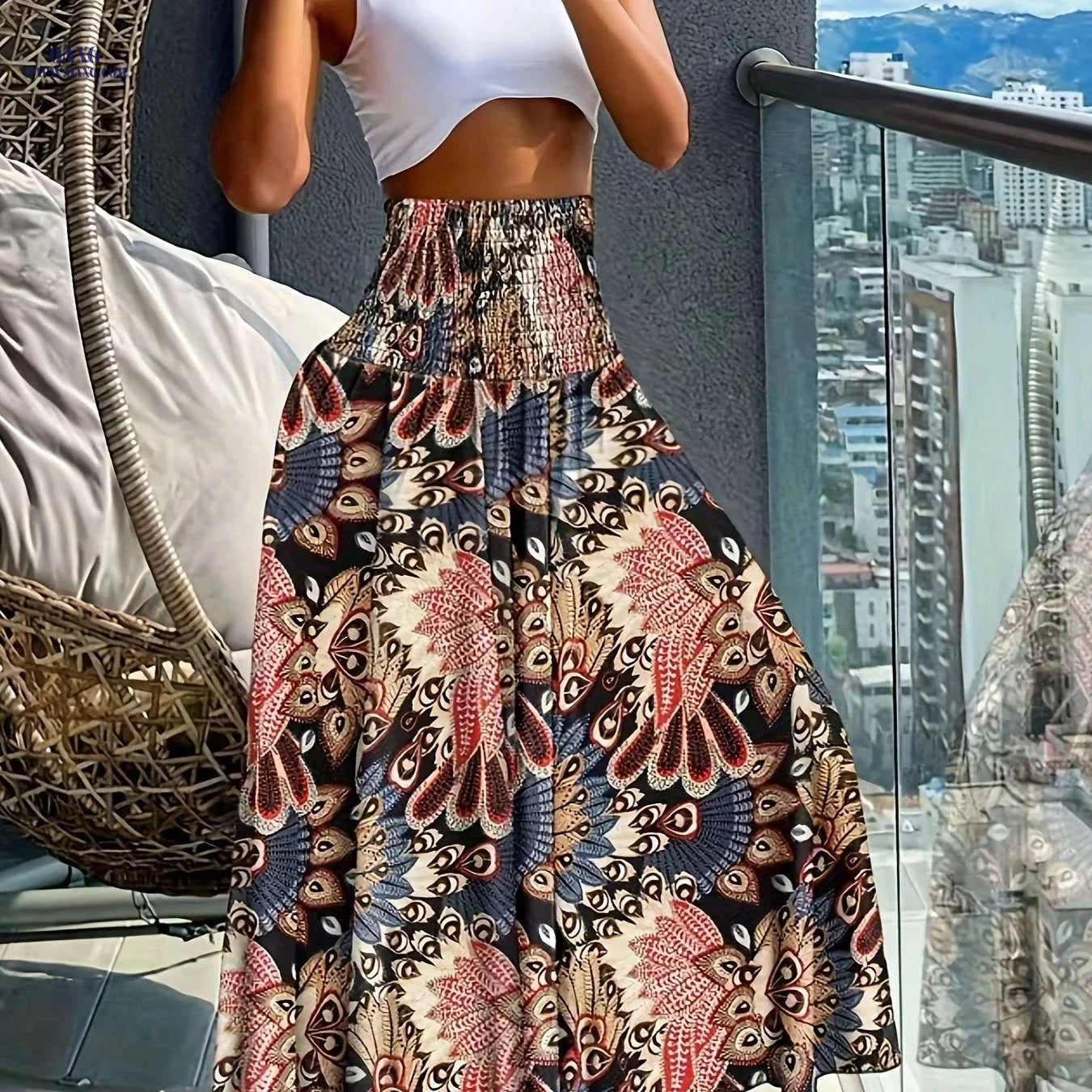Fashionable High-Waist Wide-Leg Pants - Casual Printed Design   OAXG Navy Color / S