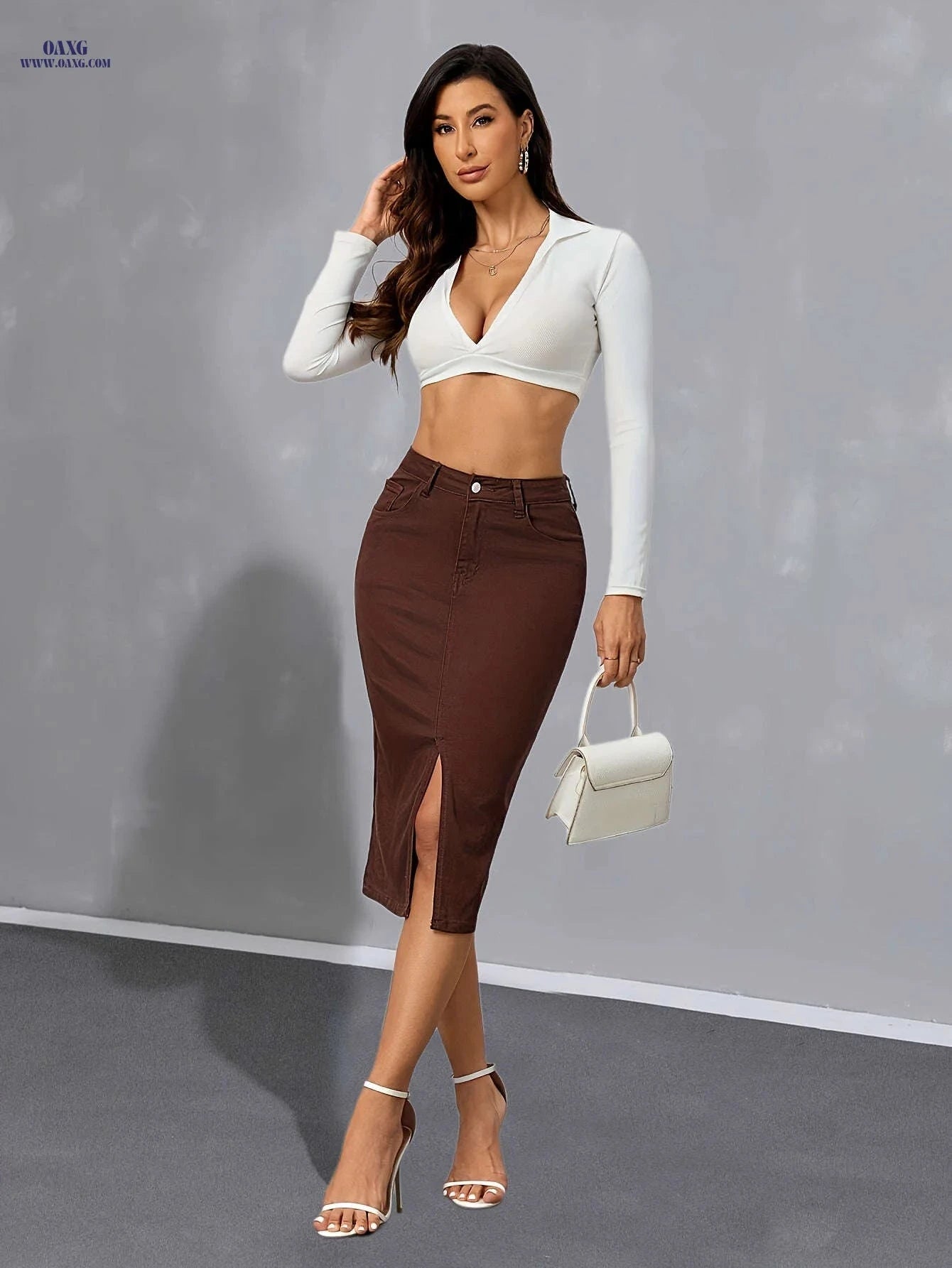 Fashionable High-Waisted Coffee Bodycon Denim Skirt for Women   OAXG 