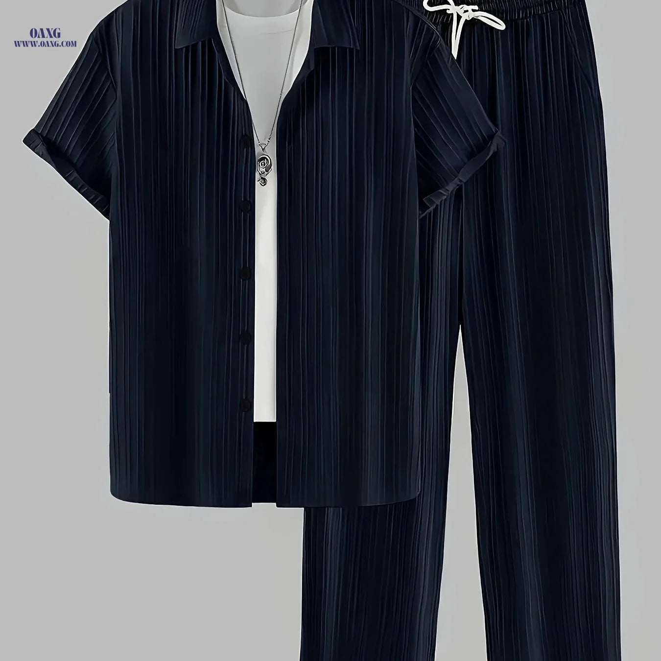 Fashionable Men's 2-Piece Set - Striped Button Shirt & Drawstring Pants   OAXG 