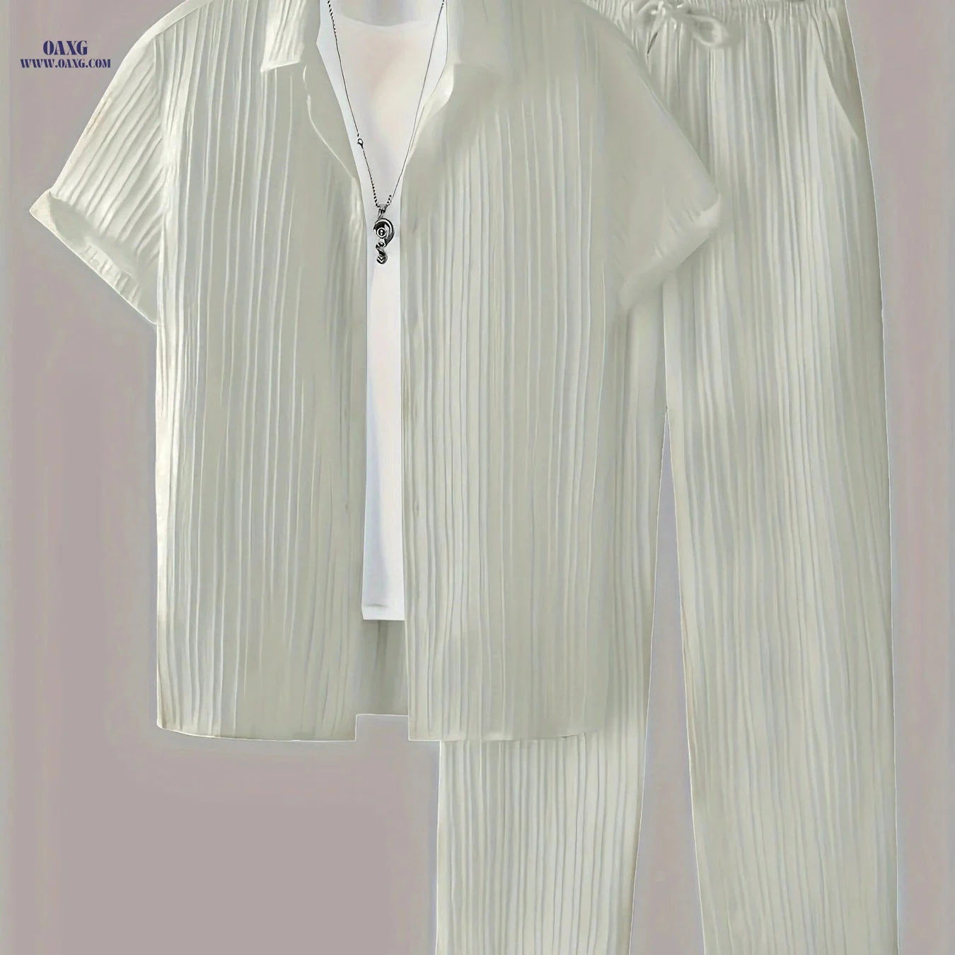 Fashionable Men's 2-Piece Set - Striped Button Shirt & Drawstring Pants   OAXG 