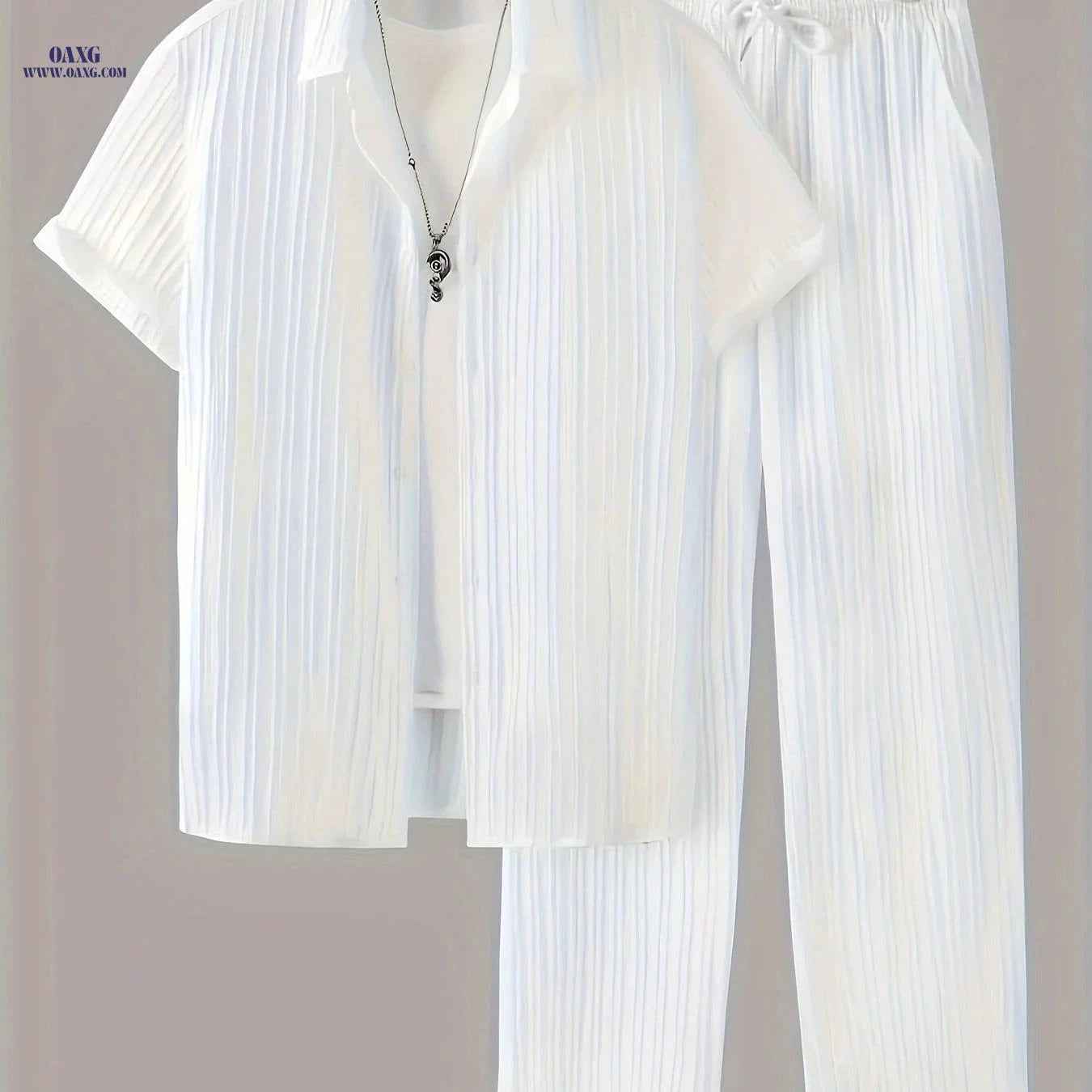 Fashionable Men's 2-Piece Set - Striped Button Shirt & Drawstring Pants   OAXG 