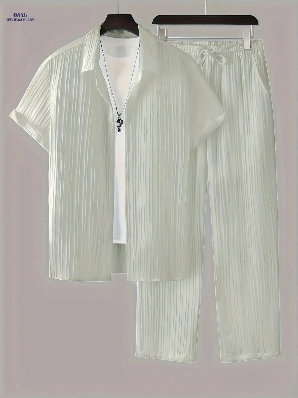 Fashionable Men's 2-Piece Set - Striped Button Shirt & Drawstring Pants   OAXG 