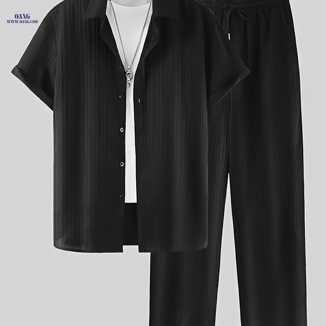 Fashionable Men's 2-Piece Set - Striped Button Shirt & Drawstring Pants   OAXG 