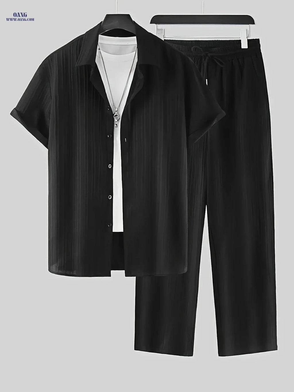 Fashionable Men's 2-Piece Set - Striped Button Shirt & Drawstring Pants   OAXG 