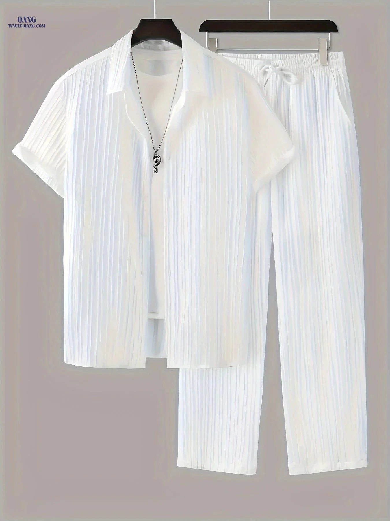 Fashionable Men's 2-Piece Set - Striped Button Shirt & Drawstring Pants   OAXG 