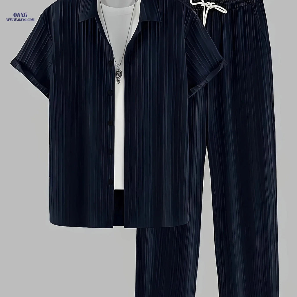 Fashionable Men's 2-Piece Set - Striped Button Shirt & Drawstring Pants   OAXG 