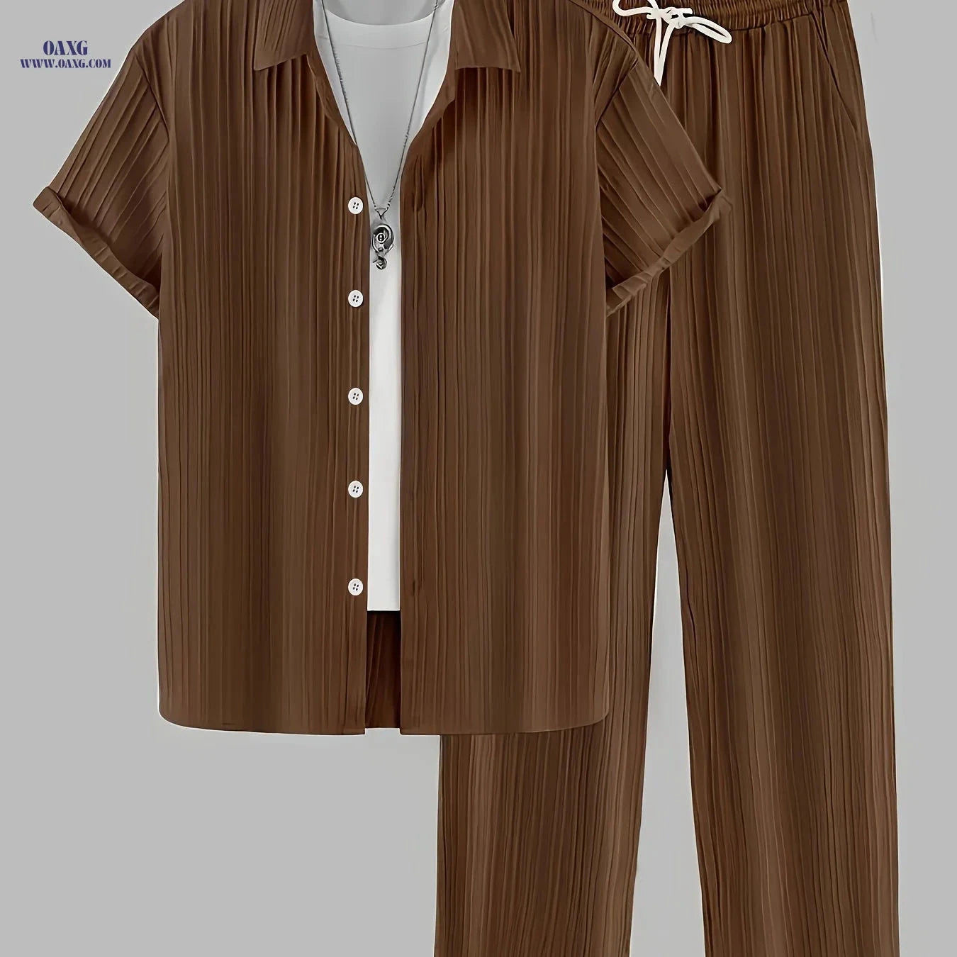 Fashionable Men's 2-Piece Set - Striped Button Shirt & Drawstring Pants   OAXG 